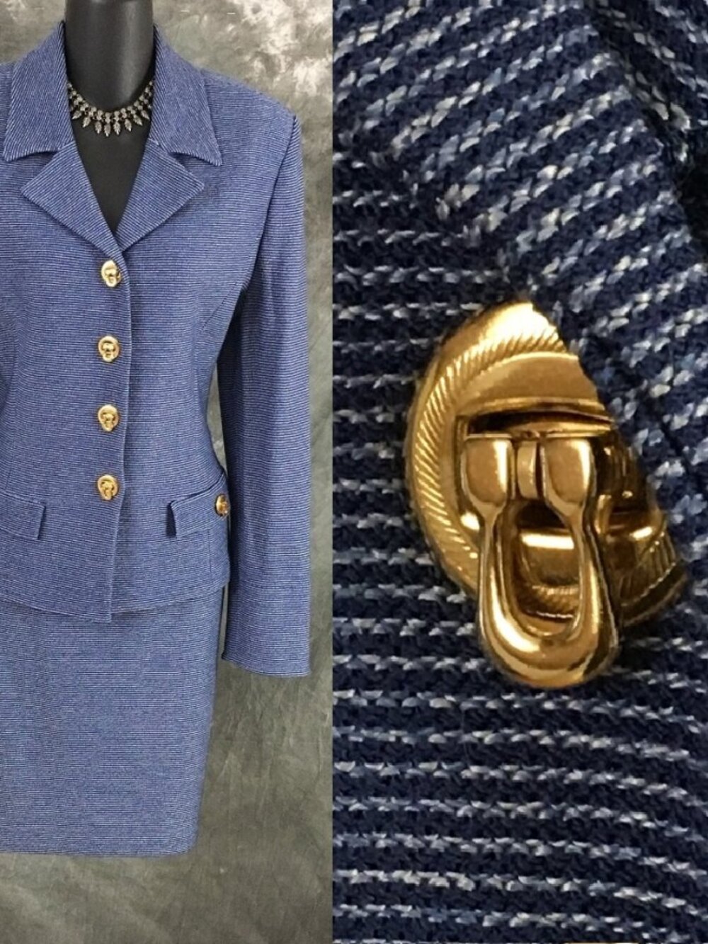 BEAUTIFUL St John collection knit blue white multi jacket skirt suit 8
